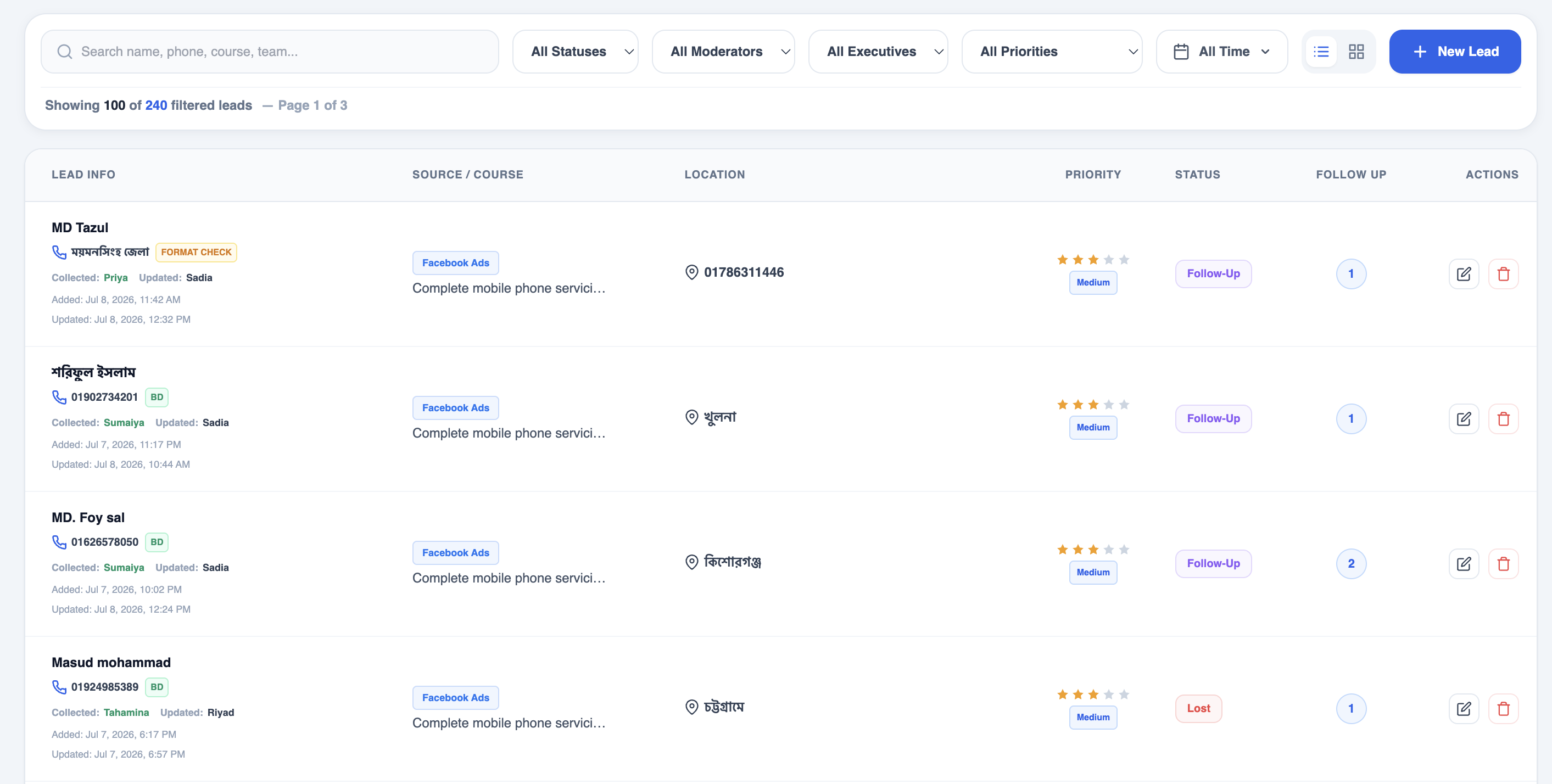 AmarLead CRM lead management view