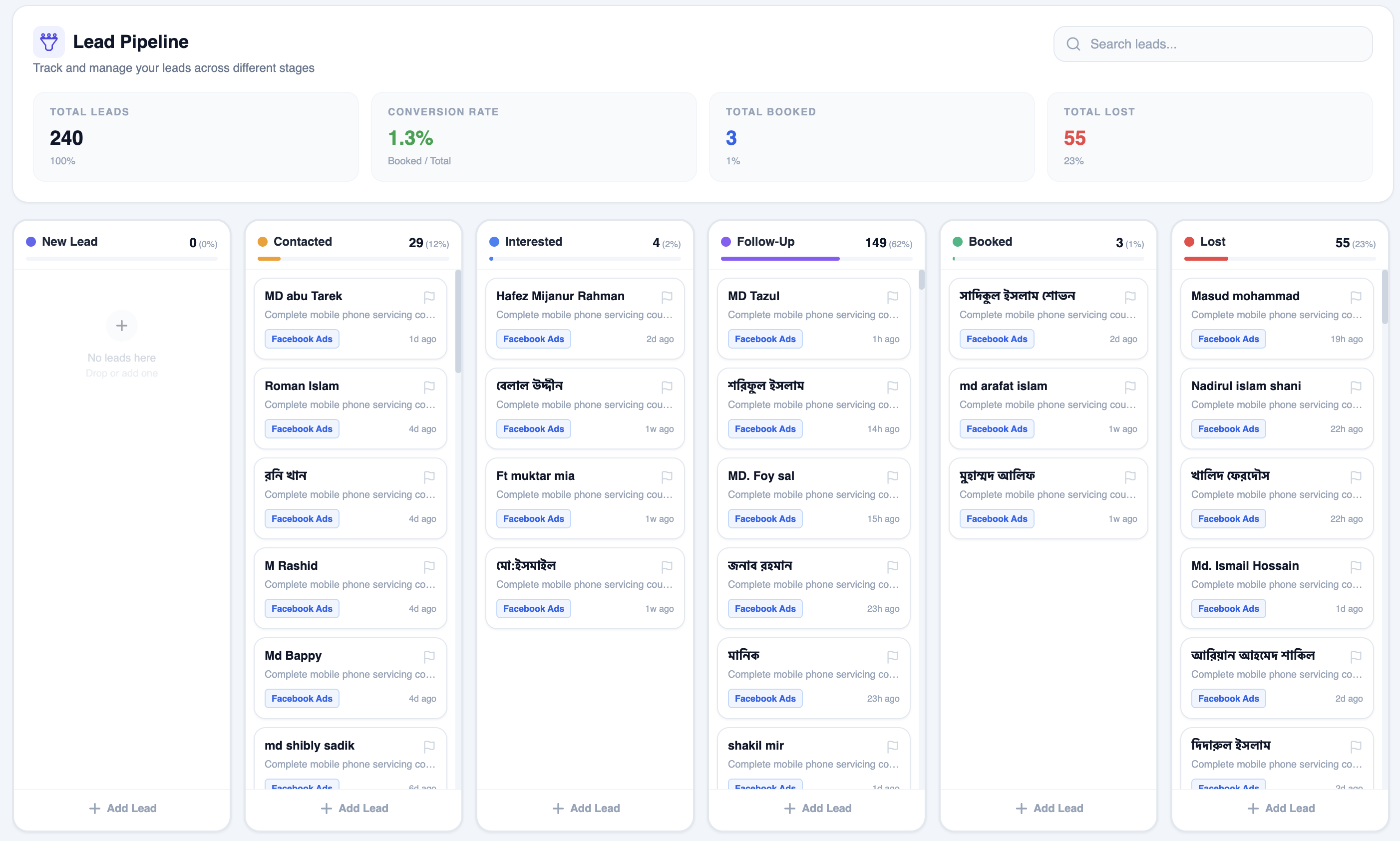 AmarLead CRM sales pipeline view